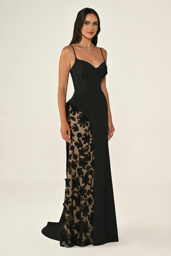 İNCE ASKILI VOLAN DETAYLI YIRTMAÇLI ABİYE