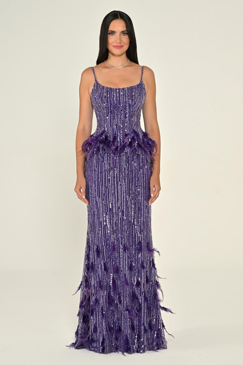 İNCE ASKILI PAYETLİ UZUN ABİYE ELBİSE