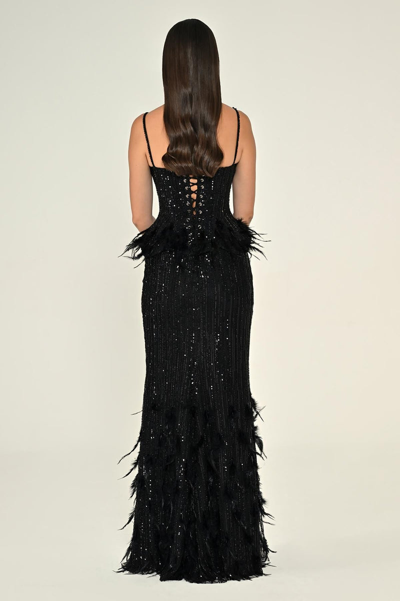 İNCE ASKILI PAYETLİ UZUN ABİYE ELBİSE