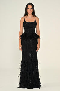 İNCE ASKILI PAYETLİ UZUN ABİYE ELBİSE