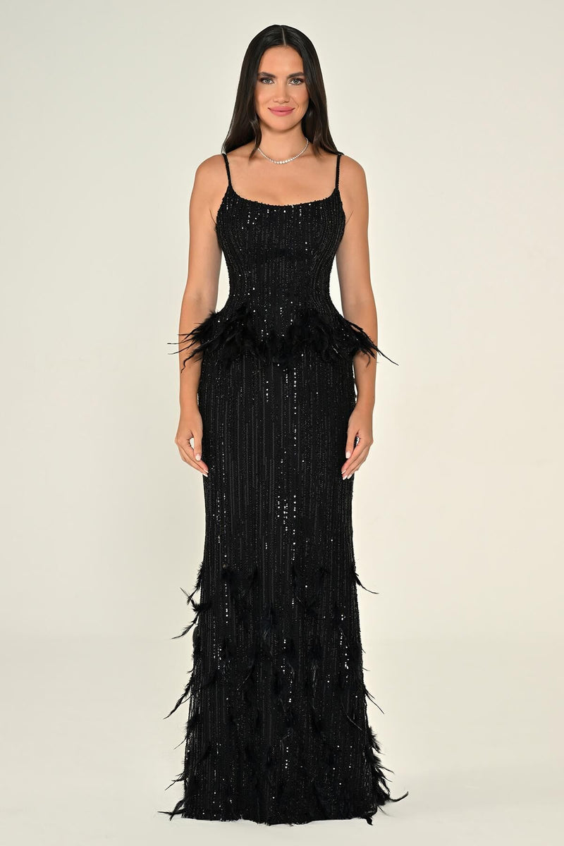 İNCE ASKILI PAYETLİ UZUN ABİYE ELBİSE