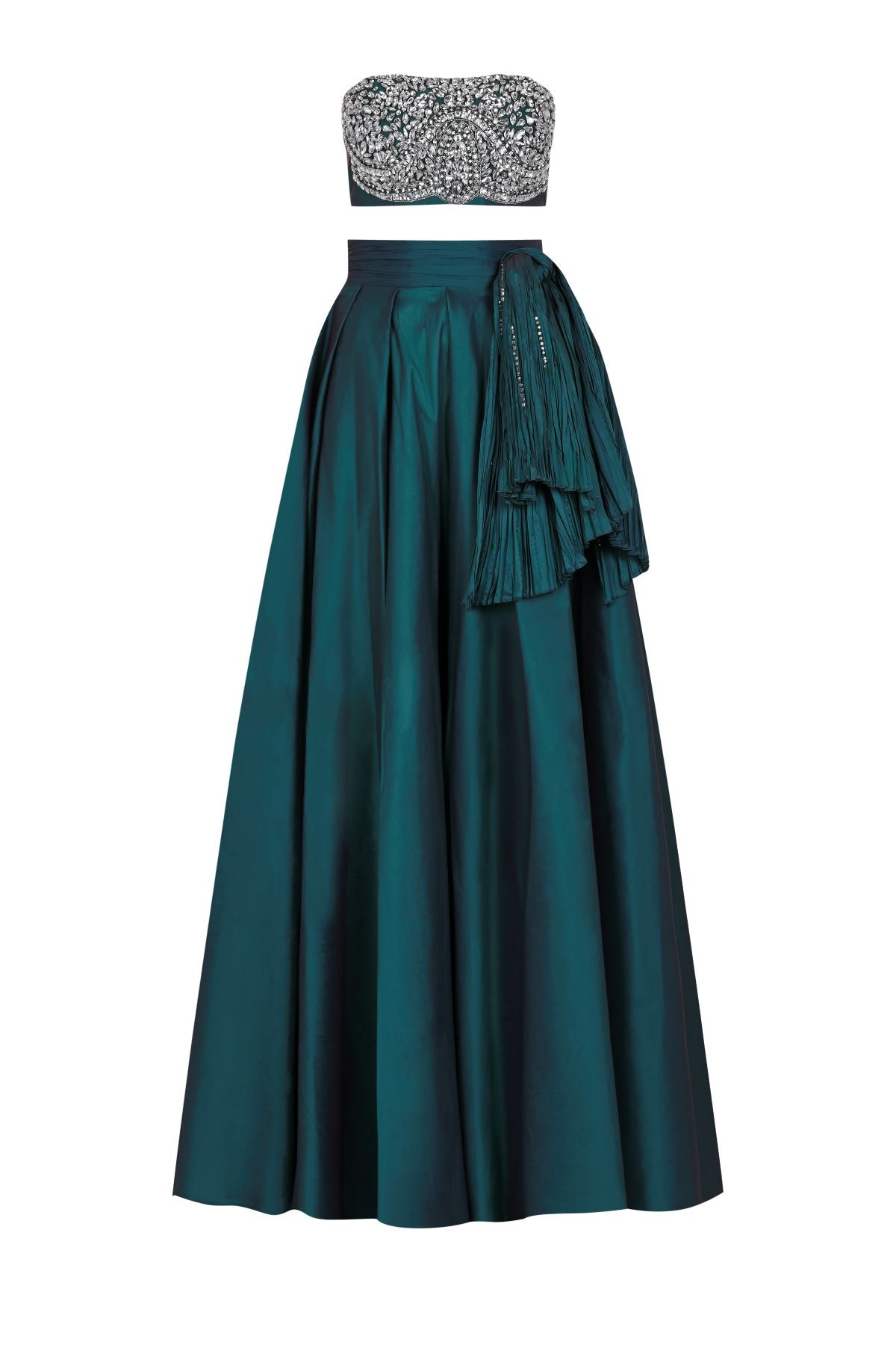 KADIN STRAPLEZ CROP TAŞ İŞLEMELİ UZUN ABİYE ELBİSE