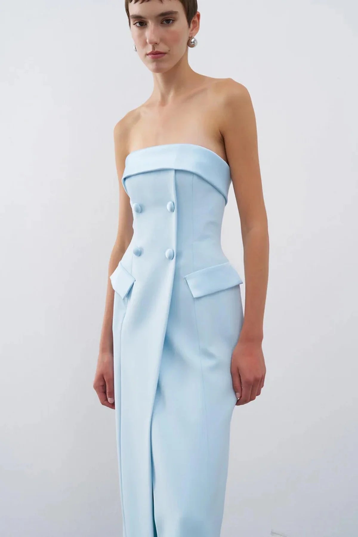 CEP KAPAKLI DÜGME DETAYLI UZUN ABİYE ELBİSE