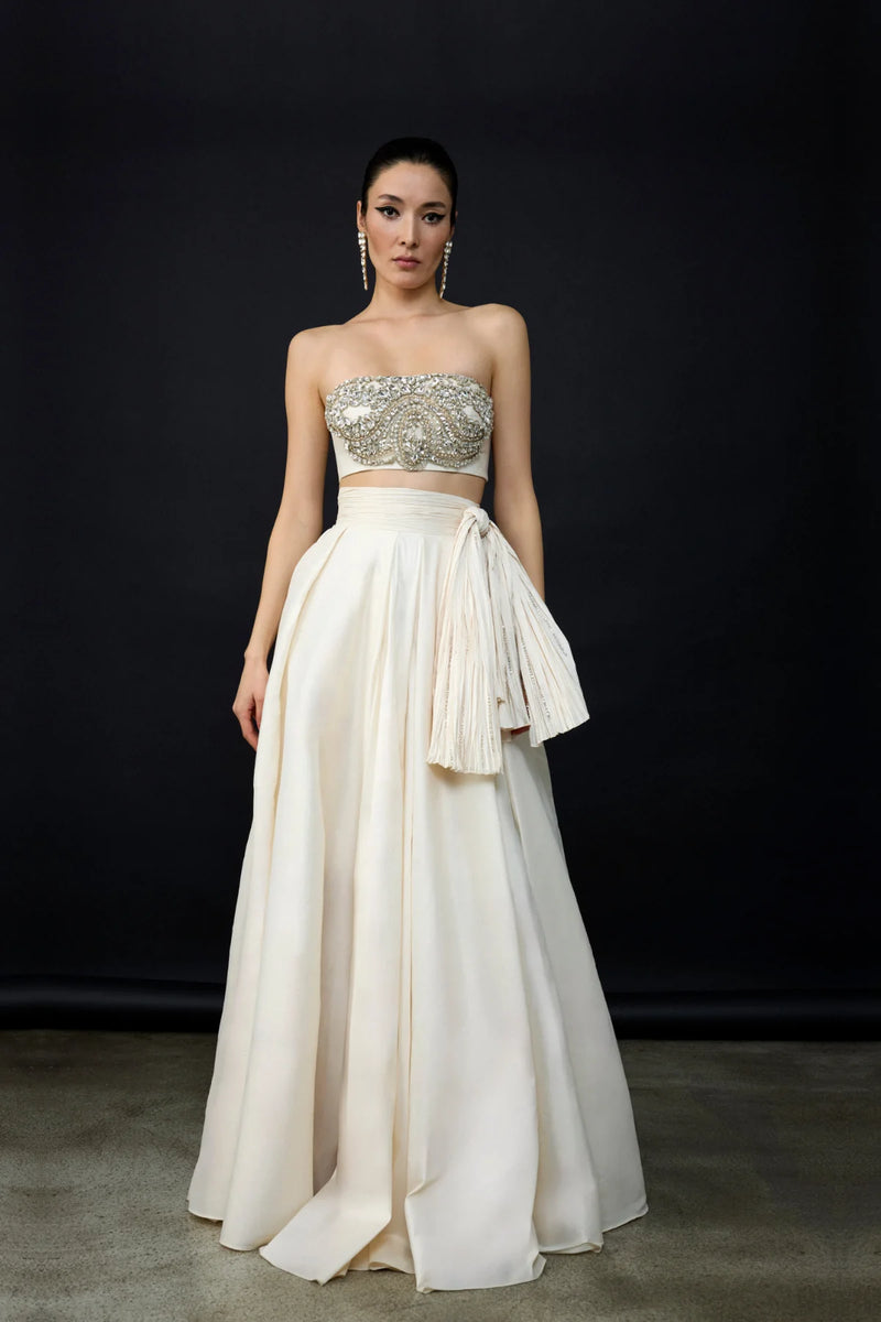 KADIN STRAPLEZ CROP TAŞ İŞLEMELİ UZUN ABİYE ELBİSE