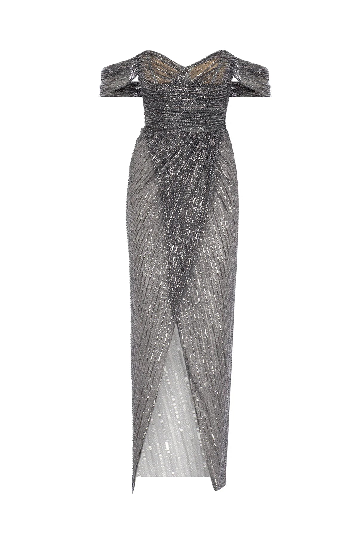 KADIN PAYETLİ DEKOLTELİ YIRTMAÇLI UZUN ABİYE ELBİSE