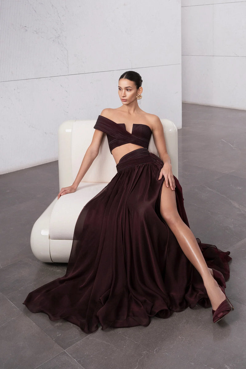 KADIN YIRTMAÇLI CROP ETEK UZUN ABİYE ELBİSE